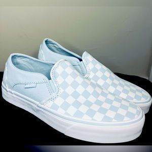 baby blue and white check women’s classic slip on vans